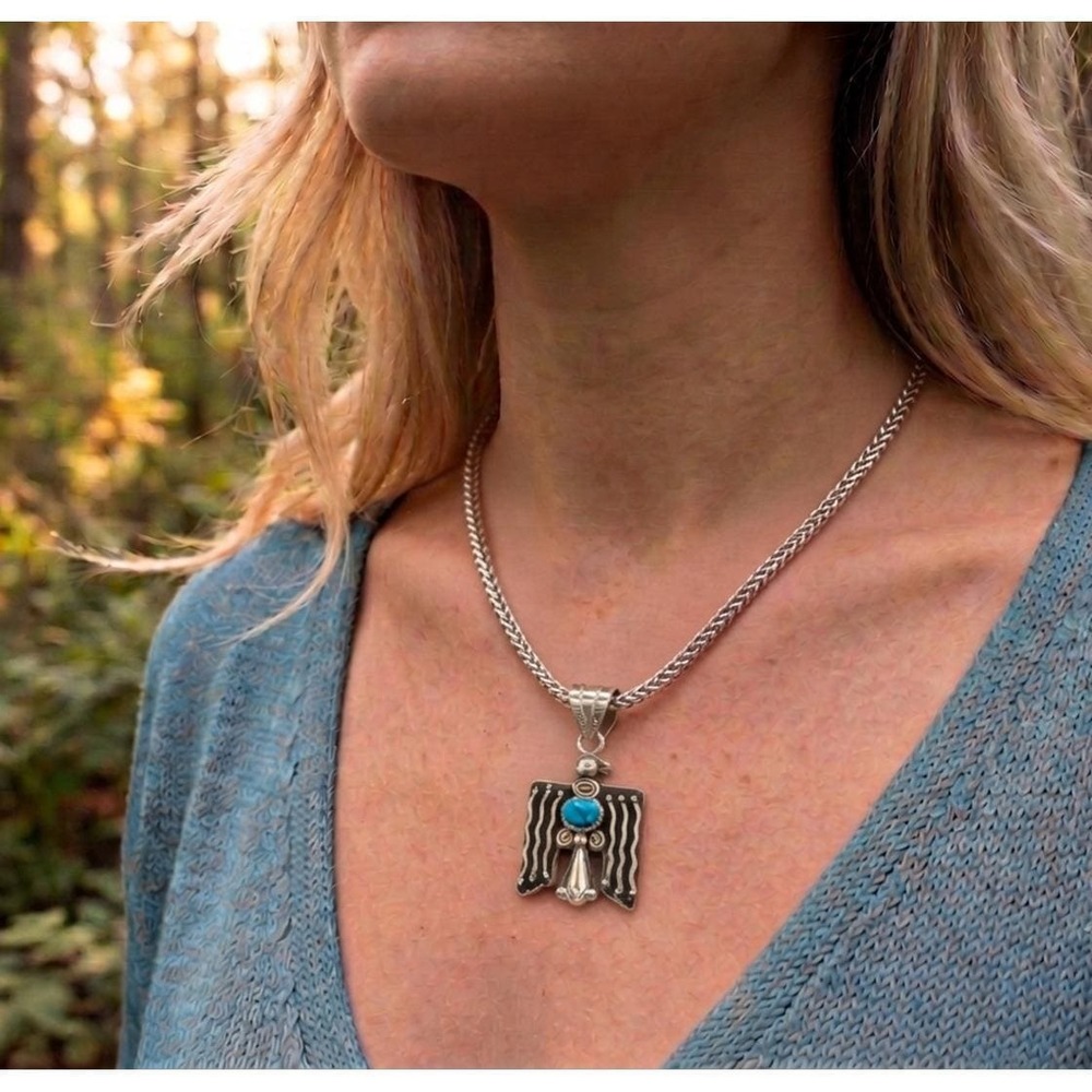 Navajo Thunderbird Turquoise Medallion 22in Heavy Franco Chain Jewelry**